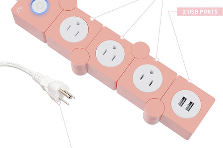 Flexible Power Strip- 3 AC Outlets and 2 USB Charging Ports with 5 Ft Extension Cord- 1250W/125V Decorative Surge Protector Outlet Extender for Home Office, Dorm, Room and More (Pink)